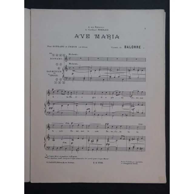 DE BALORRE Vicomte Ave Maria Dédicace Chant Orgue ou Harmonium ca1900 4