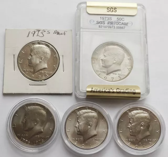 5 Kennedy Half Dollars, Two Proof 1973-S + UNC 1976-P, 2019-PD , Five JFK $1