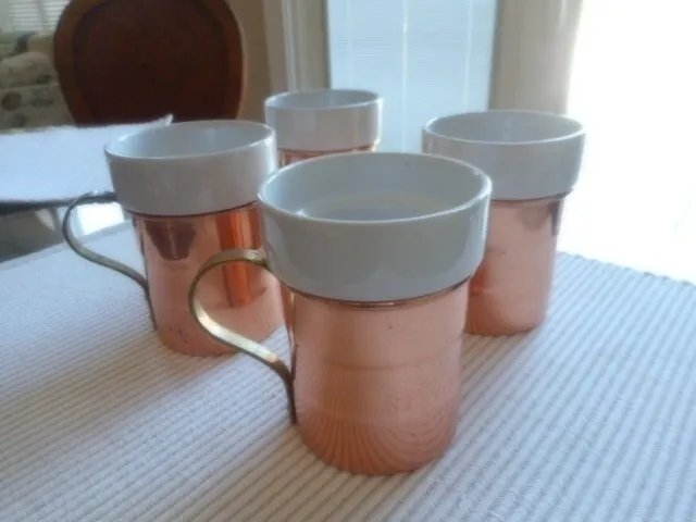 Vintage Set Baker, Hart and Stuart Copper and Ceramic 4 Mugs with Brass Handles