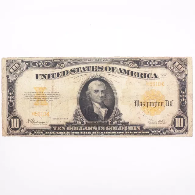 1922 Ten Dollar Gold Certificate $10 Note Fr 1173a Low Small Serial Number H5610