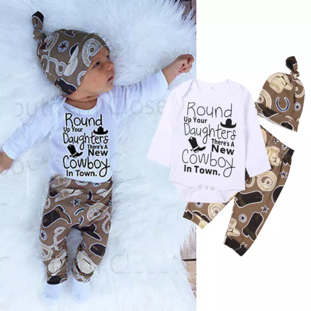 Newborn Infant Baby Girl Boy Romper+Cowboy Long Pants Hat 3pcs Outfit Set Clothe