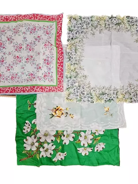 Vintage Handkerchief Lot of 4 Floral Cotton Square Dogwood Rose Blue Trim