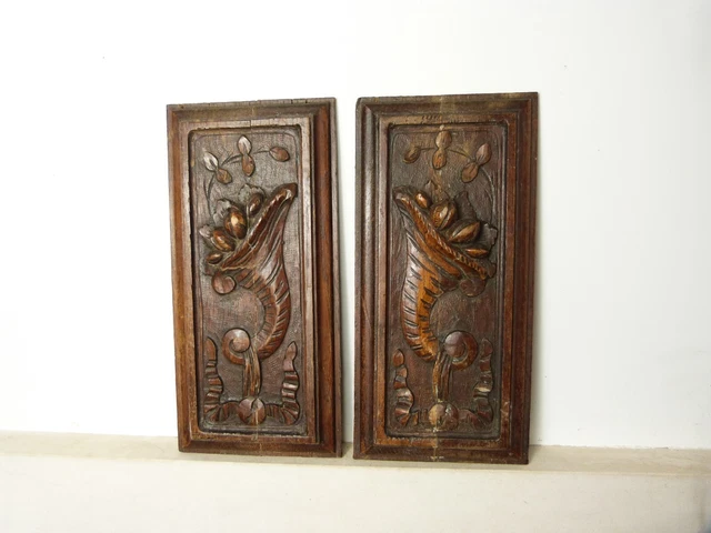 ⭐ Lot of 2 French Vintage Hand Carved Wooden Panels cornupia decor ⭐