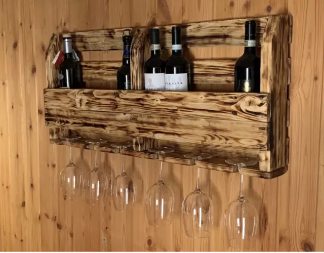 Cantinetta Vino Rustica Shabby Parete Portabottiglie/Calici In Legno Invecchiato