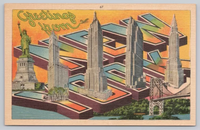 New York City New York, Large Letter Greetings Skyscrapers RARE Vintage Postcard