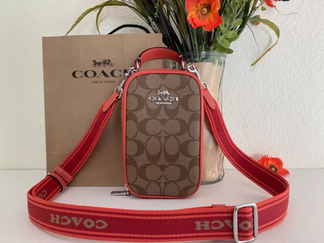 Coach CK191 Pebbled Leather Signature Eva Phone Crossbody Handbag Khaki  Tangerin