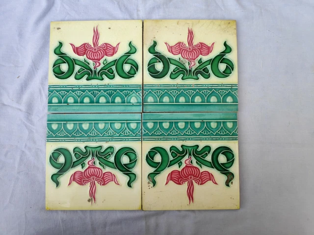 1940s Vintage 4 Pièces Ciselé Majolique Art Nouveau Architecture Carreau Japon