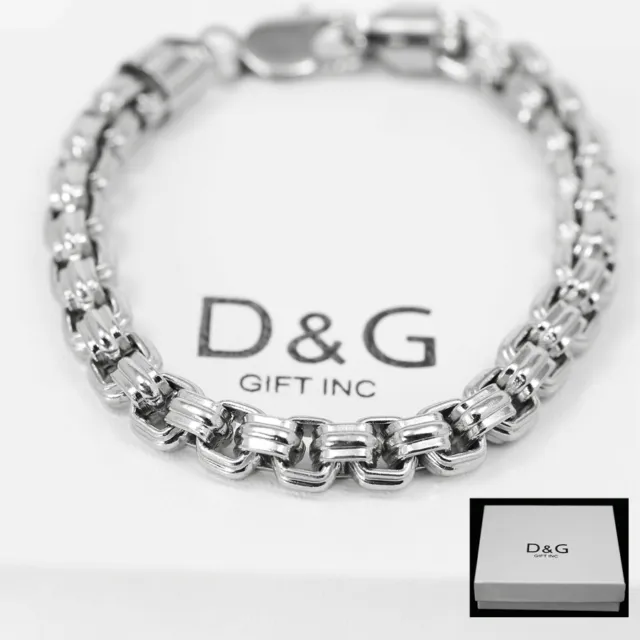 DG Men's 8.5" Silver Stainless Steel,Classic 8mm Box Link Bracelet + Box