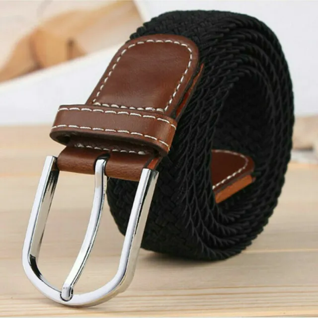 Men Women Braided Canvas Woven Waist Belt Cotton Elastic Leather Pin Buckle New 4