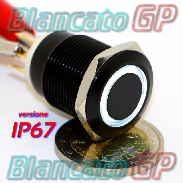 PULSANTE MONOSTABILE 19mm IMPERMEABILE IP67 STAGNO LED BIANCO 12V DC CORPO NERO