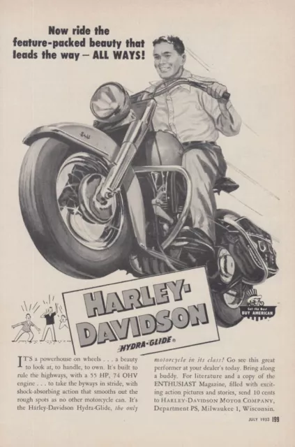 The featured-packed beauty - Harley-Davidson Hydra-Glide Motorcycle ad 1953