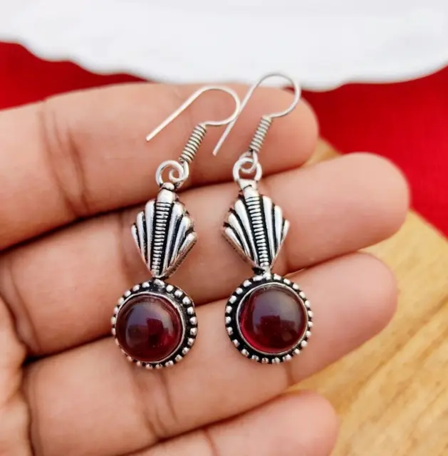 Red Garnet Earring Silver Plated Dangle Drop Ear Wire Handmade Earrings