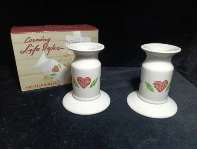 2 pc Corning Life Styles Corelle Country Quilt Candle Holders Excellent NWB