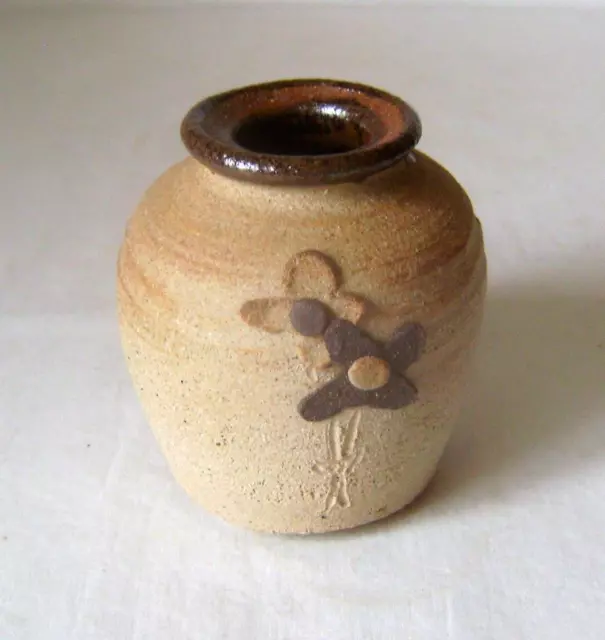 Vintage Studio Pottery Vase: Rustic Brown with Modelled flowers : with EP Seal