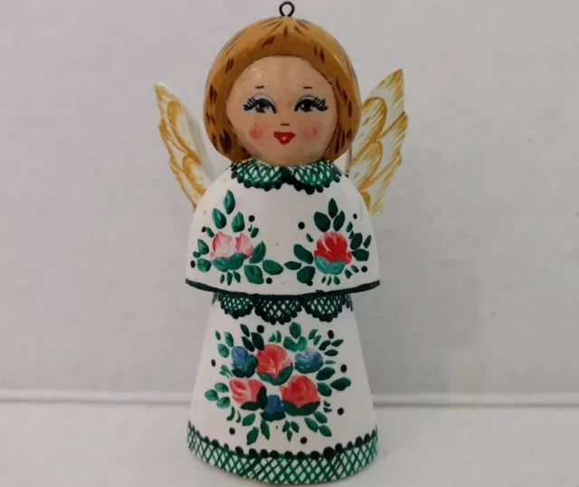 Vtg Folk Art Rose Tole Angel Wooden Hand Painted Flowers Wings Signed Carved 90s