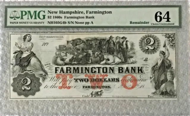 1860s $2 FARMINGTON, NEW HAMPSHIRE BANK NOTE PMG CHOICE UNC 64