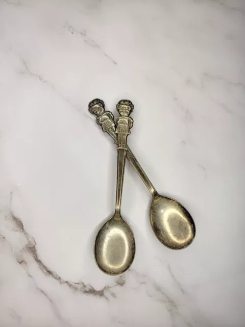 Pair VTG Campbells Soup Kids Silver Plated Spoons Aged Patina Rustic Home Decor