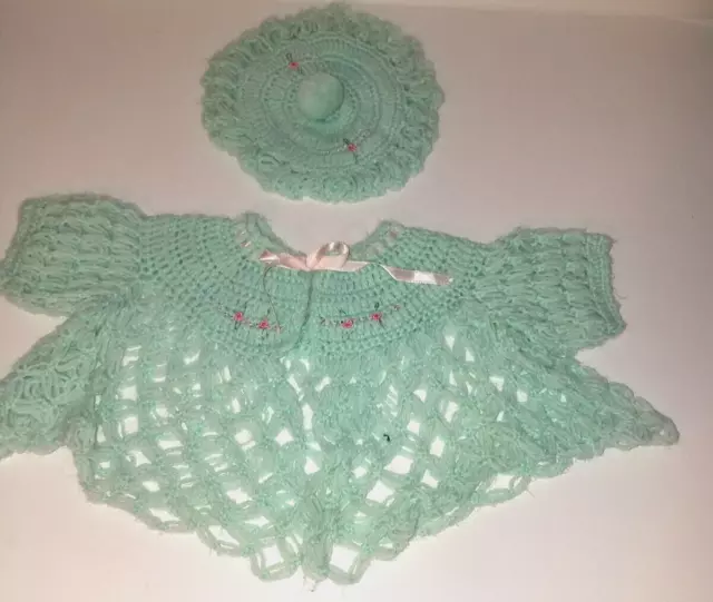 Hand Crochet Tourquois Baby Sweater Booties & Cap Infant 3 - 6 Months Vintage