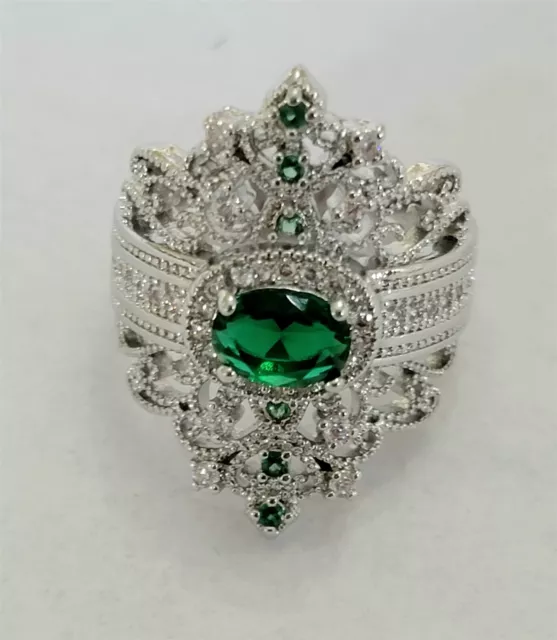 Victorian Trading 8 Green Rhinestone & CZ Sterling Silver 925 Queen Ring 28R