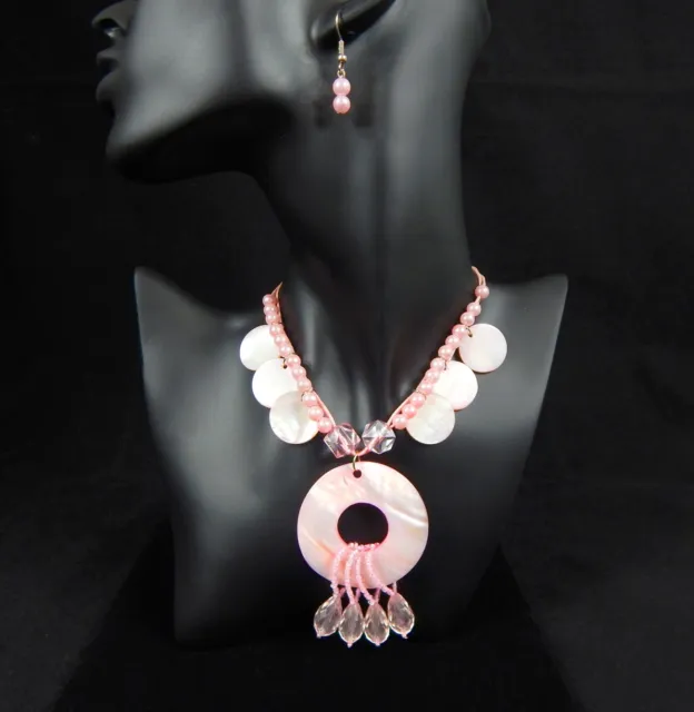 Superb Real Mother of Pearl Abalone Necklace and Earrings SET w Faux Pearls Pink