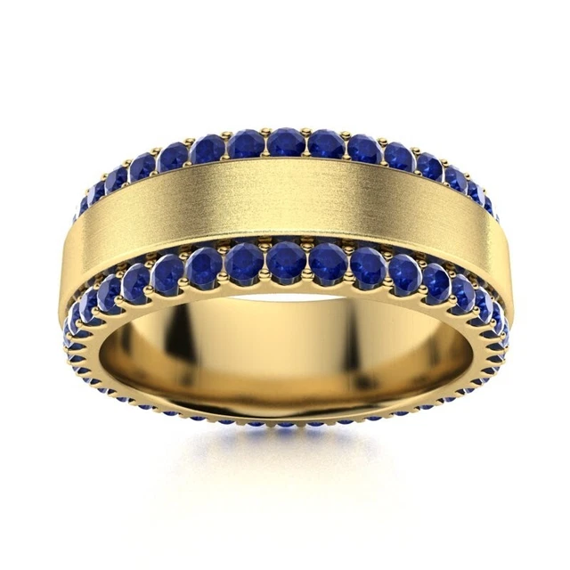 Men's Eternity Wedding Ring Certified Natural AAA Sapphire in 14K Yellow Gold