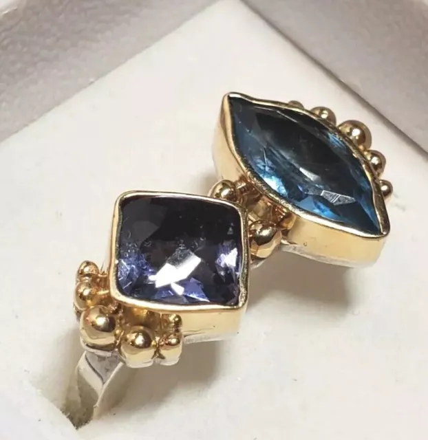 18K Yellow Gold Sterling Silver Square Shank Ring Iolite Blue Topaz Stone Size 6