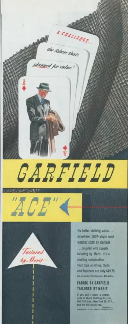 1948 Garfield Ace Fabric Playing Cards Merit Clothing Tailored Vtg Print Ad C1