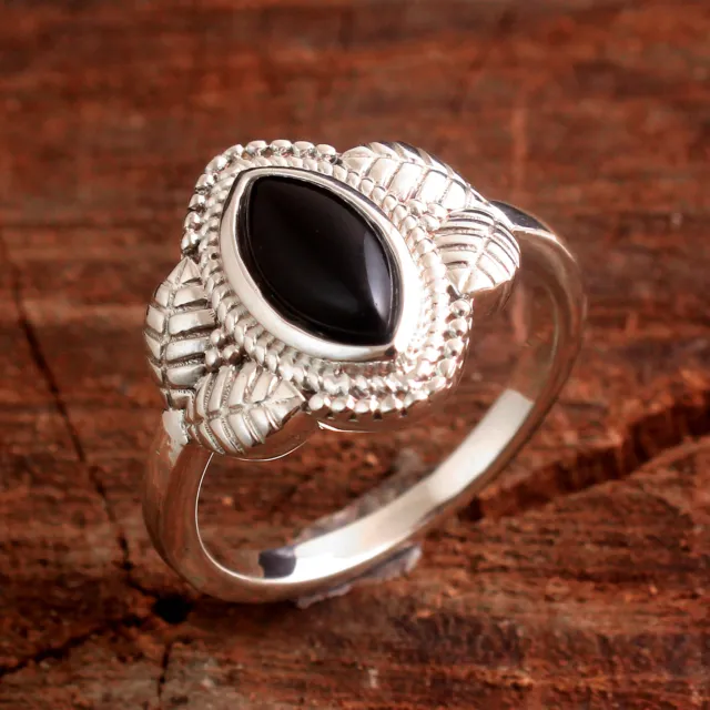 Black Onyx Gemstone 925 Sterling Silver Leaf Ring For Women Size 7 US