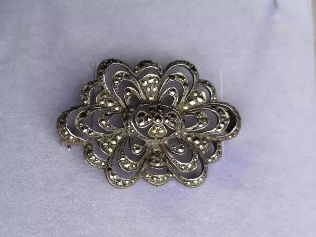 Pending) Vintage Sterling Silver 925 w/ Marcasite Stamped S.C.P Brooch Pin 9.41g