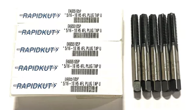 RapidKut 5/16-18 Hand Tap HSS H5 Plug Taps 4 Flute 5 Pack USA Made