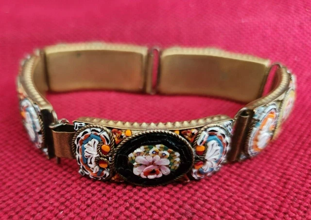 Antique 7.5" Micro Mosaic Tiled Art Deco Era Floral Patterned Bracelet