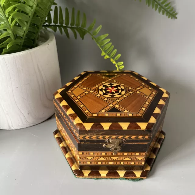 Vintage Inlaid Treen Marquetry Wooden Trinket, Jewellery Box With Red Lining