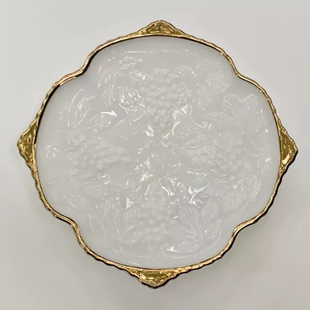 Anchor Hocking Milk Glass Grape Clusters Gold Trim 10” Footed Serving Bowl, USA