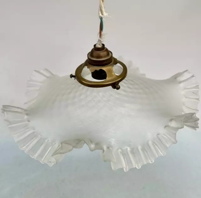 Antique French Ruffled & Pleated Glass Ceiling Light, Fitting & Brass Gallery