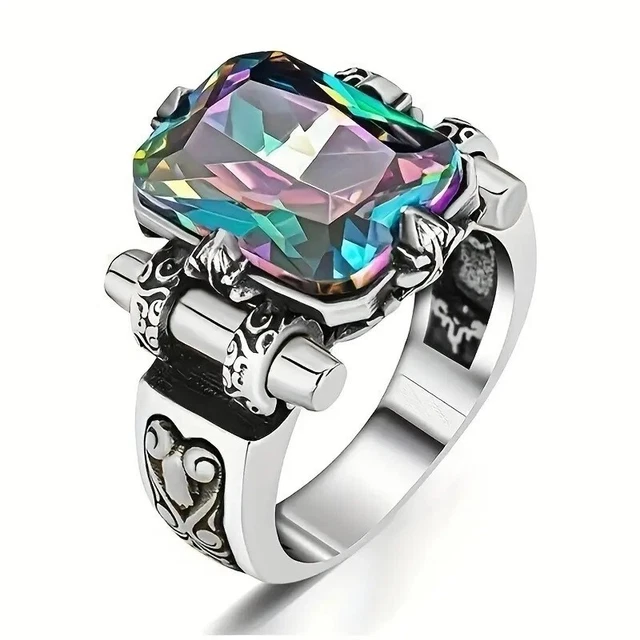 925 Sterling Silver Rainbow Mystical Fire Topaz Wedding Engagement Ring Size 7