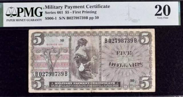 Military Payment Certificate $5 Series 661 First Printing PMG 20 Very Fine Note
