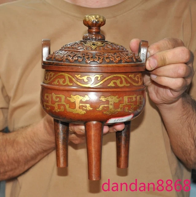China purple bronze Gilt fengshui dragon loong pattern Incense burner Censer