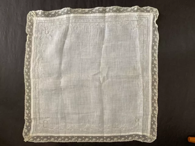 Lovely Antique Handkerchief with Bobbin lace edging & Handmade Blue embroidery