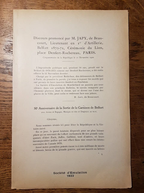 Discours de Mr. Japy de Beaucourt à la Cérémonie du Lion Place Denfert à Paris