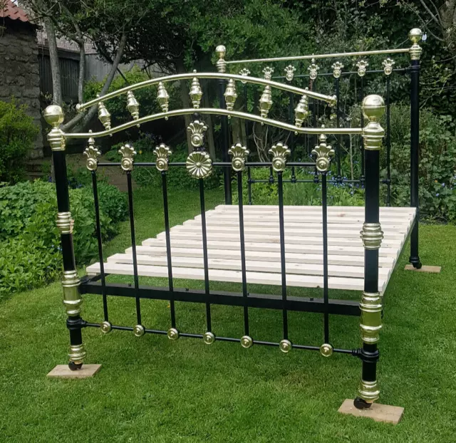 Stunning Victorian Cast Iron + Brass 4.6Ft Bed Beautifully Restored Original