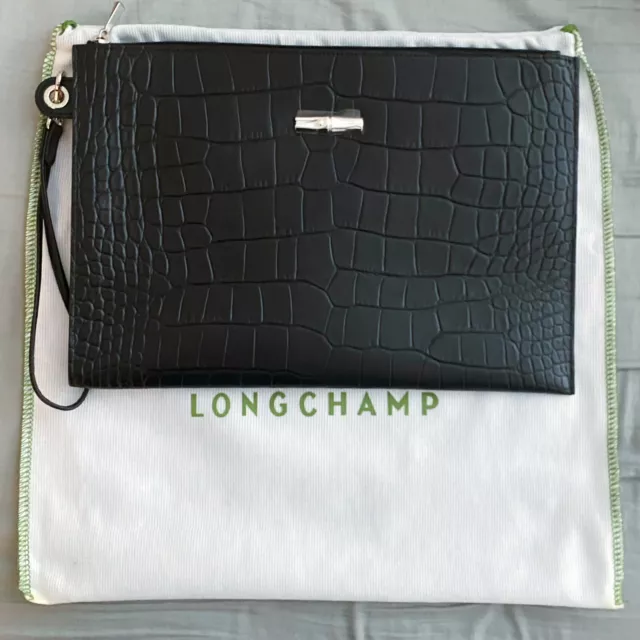Longchamp~ Men Leather Clutch Wristlet Bag With Dust Bag~ Croc Print~ Black