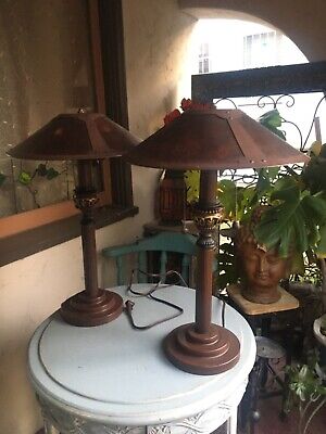 Mission-style Desk Table Lamps Set of 2 Mica Shade Pedestal Column Arts & Crafts