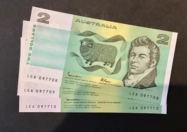 $2 Note Australian Decimal Paper Repeater Serial Number In Sequence Unc. x 3 2