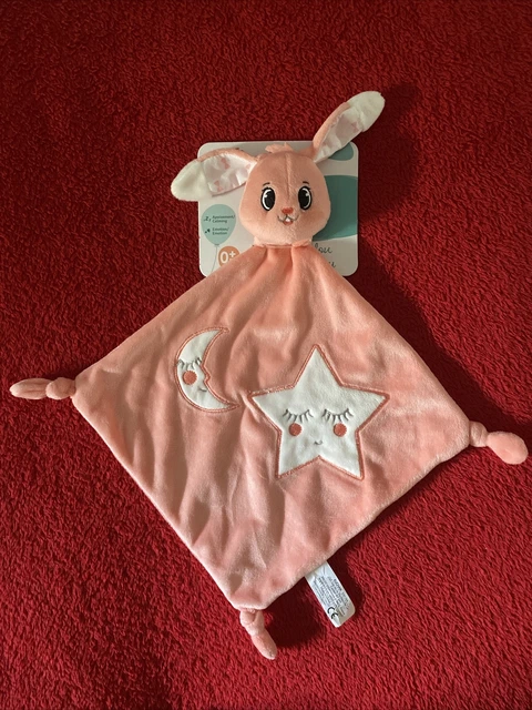 🇫🇷 Doudou Plat Auchan Lapin Rose Blanc Lune Etoile Blanche 100 % NEUF