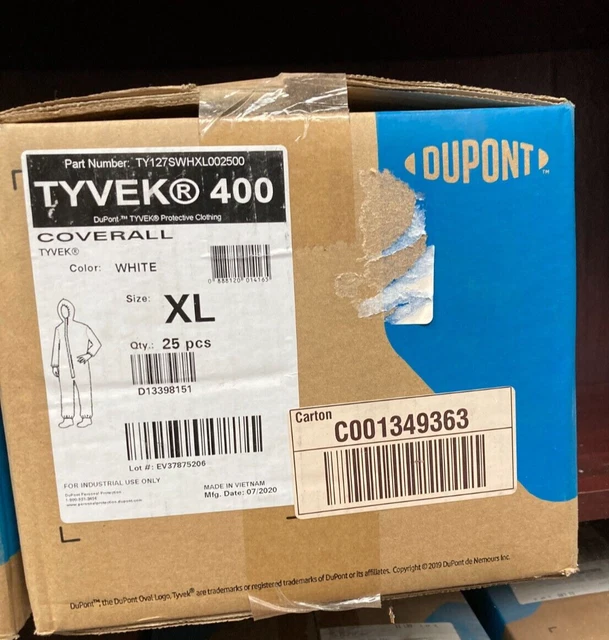 CASE OF 25 Dupont Tyvek 400 Bunny Suit Coveralls w/ Hood TY127S White
