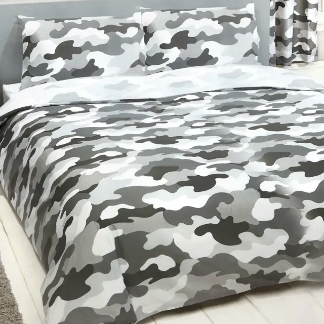 Grey Army Camouflage Double Duvet Cover Set Reversible Kids Bedding