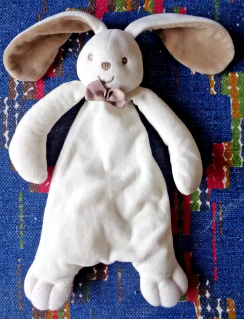 4Pa/  Doudou Semi Plat Lapin  Blanc Marron Beige Noeud Papillon Kom 9