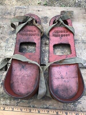 Antique Weider Iron Boots Red Metal Canvas Straps Industrial Steampunk