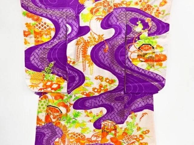 40529# Japanese Kimono / Antique Kimono For Girls / Embroidery / Stream & Bu