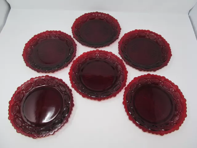 6 Avon 1876 Cape Cod Ruby Red Cranberry Glass Salad Dessert Plates 7 1/2”